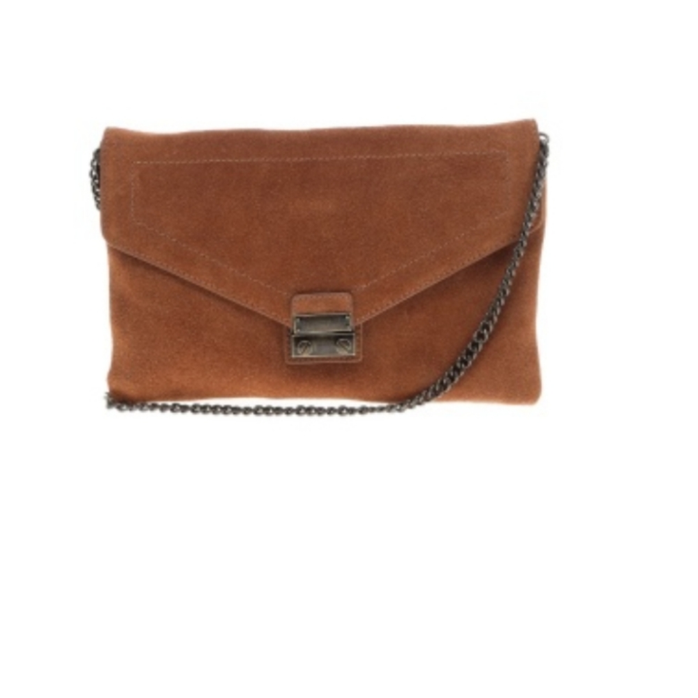 Brown Suede Chain-Handle Envelope Clutch